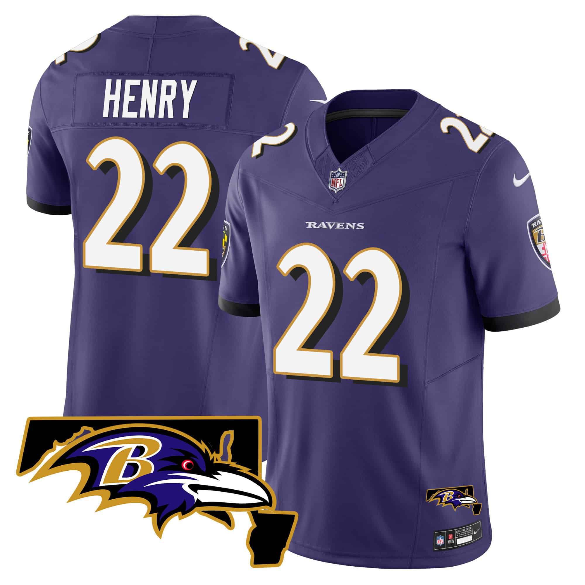 Men Baltimore Ravens #22 Henry Purple 2024 Nike Maryland Patch Vapor Limited NFL Jersey style 1